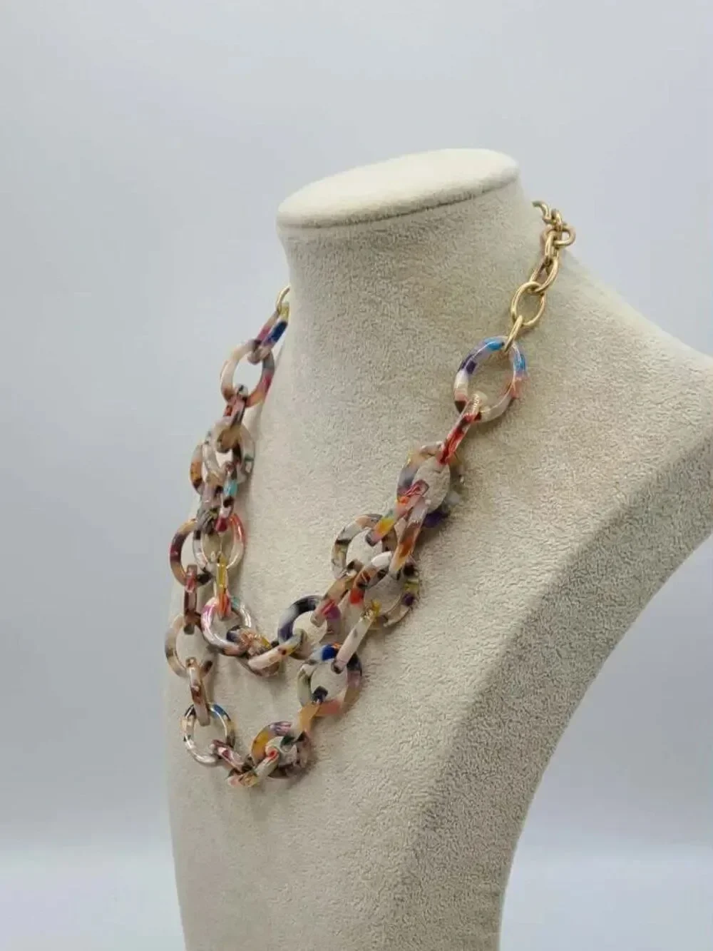 J Crew Multi Color Resin Double Strand Gold Tone Necklace